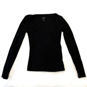 Old Navy Black Cotton Long-Sleeve Ribbed Scoop Neck Top Size XS